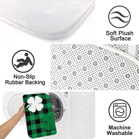 3 Piece St. Patrick’s Day Bath Rug and Mat Sets, Four-Leaf Clover Classic Green and Black Buffalo Check Plaid Non-Slip Bathroom Doormat Runner Rugs, Toilet Seat Cover, U-Shaped Toilet Floor Mat, Small in Saudi Arabia