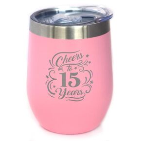 Cheers to 15 Years - Wine Tumbler Glass with Sliding Lid - Stainless Steel Insulated Mug - 15th Anniversary Gifts and Party Decor - Black