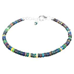 InfinityGemsArt Graduation Gifts Natural Black Ethiopian Opal Plain Gemstone Beaded Dainty Bracelet, October Birthstone, Healing Stones Beads Jewelry in Rhodium Plated 925 Sterling Silver Chain 8 inch