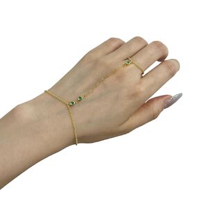925 Sterling Silver Triple Solitaire Emerald CZ Diamond Finger Ring Bracelet Hand Chain May Birthstone Jewelry for Women, 14K Gold Slave Bracelets