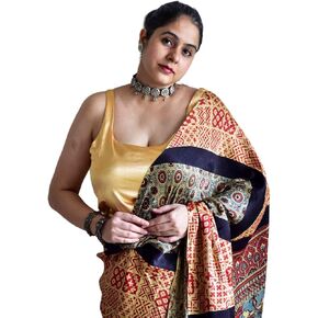 Sundarii Cut Sleeve Satin Blouse | Round Neck, Golden Satin Blouse for Women | Perfect for Wedding & Festive Occasions (38, Brown) in Kuwait