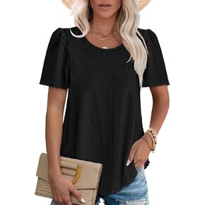 OFEEFAN Womens T Shirts Loose Fit Scooped Neck Short Sleeve Blouses Dressy Casual Summer Tops