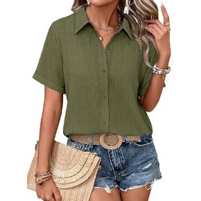 HOTOUCH Womens Button Down Shirt Short Sleeve Dress Shirt V Neck Collared Button Up Summer Tops Textured Work Blouse