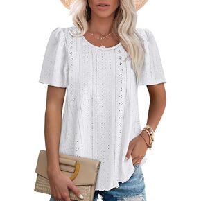 OFEEFAN Womens T Shirts Loose Fit Scooped Neck Short Sleeve Blouses Dressy Casual Summer Tops