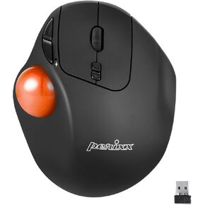 ماوس كرة التتبع اللاسلكي Perixx PERIMICE-717OGB، كرة تتبع لامعة مدمجة مقاس 1.34 بوصة مع ميزة الإشارة - 5 أزرار قابلة للبرمجة - جسم أسود - كرة برتقالية in Kuwait