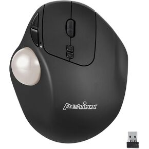 Perixx PERIMICE-717WHB Wireless Trackball Mouse, Build-in 1.34 Inch Glossy Trackball with Pointing Feature - 5 Programmable Buttons - Black Body - White Ball
