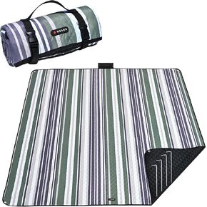 HX&OD Outdoor Picnic Blanket Extra Large, 80''*60'' Waterproof Picnic Mat with Stakes Foldable Camping Blanket Portable with Carry Strap for Beach Mat (Green& White, 80''*60'')
