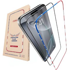 Screen Protector for iPhone 16 Pro - 2 Pack (USA Flag Design and Black) - 9H Hardness, Oleophobic Coating, Easy Installation - Tempered Glass Screen Protector for iPhone 16 Pro