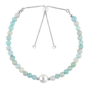 Natural Amazonite Gemstones Beads Bracelets with Pearl, Handmade, Round Beaded Crystals Jewelry, Women Bracelet, Birthstones, Silver Plated, Adjustable Chain 6+4inch, A Grade