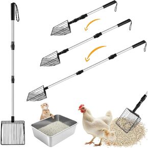 3 in 1 Extendable Chicken Poop Scooper, Cat Litter Scoop, Metal Long Handle Pooper Scooper for Chicken Coop, Stainless Steel Litter Scoop, Chicken Coop Accessories, Heavy Duty & Non-Stick Shovel