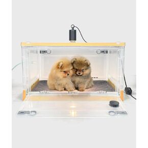 Puppy Incubators with Heatining and Oxygen Tube for Newborn Animals. Incubator for Puppies are Equipped with Heat Lamp, Dimmer Light Sockets, Thermohygrometer, Reusable Waterproof Pads
