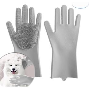 All-in-One Dog Bath & Grooming Gloves - Static Magic for Hair Removal, Heat-Resistant Silicone for Dogs and Cats with Non-Slip Massage Design - Grey