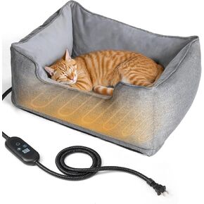 Heated Cat Bed Indoor, Heated Pet Bed with Adjustable Temperature & Timer, Pet Heating Pad for Kittens, Puppies, Dogs, Cats in Winter, UL & FCC Certified