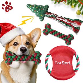 Christmas Dog Toys Set Xmas Holiday Squeaky Pet Plush Toy for Aggressive Chewers Large Medium Small Breed Puppy Chew Rope Flying Disc for Teething (3 Pack)