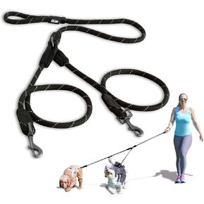 Pawtitas Double Leash for Two Dogs Great for Walking & Training Comfortable Shock Absorbing Reflective Pet Rope Leash for 2 Dogs 6ft - Extra Small/Small - Black