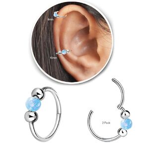 2Pcs Small Cartilage Hoop Earrings for Women Men, Opal Silver Earrings Hypoallergenic 316L Surgical Steel Hinge Huggie Hoop Earrings Blue Opal earrins (8+10mm)