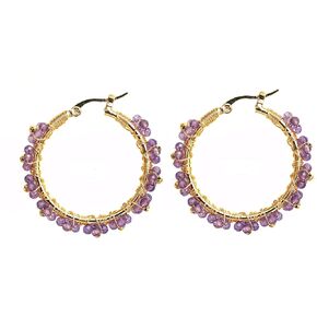 Gempires Amethyst Wire Wrapped 2.5 mm 5 Beads Flower Round Hinged Hoop Earring, Drop Length- 1.5 Inch, Birthstone Fashion jewelry (Amethyst)