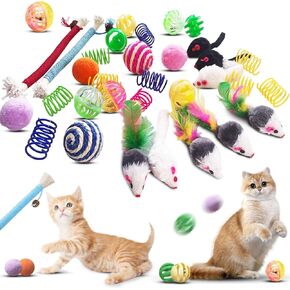 Cat Toys for Indoor Cats, 34 Packs Interactive Cat Toys for Kitten, Cat Toys Set with Colorful Cat Spring Toys, Cat Mouse Toy, Catnip Ropes, Colorful Balls and Bells, Sisal Ball