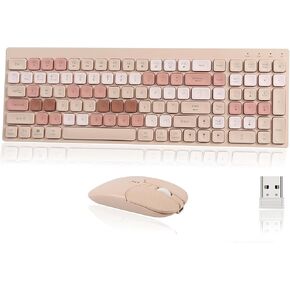 Wireless Keyboard and Mouse Combo Beige Full Size 2.4GHz & Bluetooth Keyboard Mouse Set Ergonomic Rechargeable 105 Keys Ultra Thin Keyboard and Silent Mouse for Laptop PC Desktop Computer Windows Mac