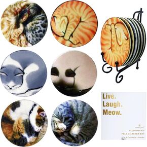 Drink Coasters Set of 6 with Holder, Absorbent, Anti Slip, Moisture Wicking Felt Cup Holder Coaster Protects Furniture, Cute Home Décor Bar Kitchen Table Accessories - Sleeping Cats