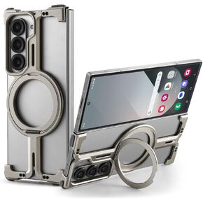 OATSBASF for Samsung Galaxy Z Fold 6 Bumper Case, with Kickstand 360° Rotatable Magnetic Stand Case, Minimalist Phone Case for Galaxy Z Fold 6, Frameless Metal Case, Black