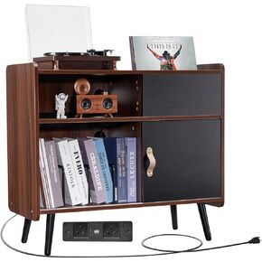VEVOR Record Player Stand with Power Outlet, Turntable Stand Holds Up to 350 Albums, Record Player Table with Vintage Vinyl Record Storage for Living Room, Bedroom, Brown