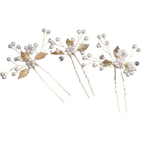 Pearl Hair Pins for Wedding, Bridesmaids, Mother of the Bride, Flower Girl Head Piece Hair Clips, White Crystal Pearls and Gold Leaf Hair accessories for Women and Girls (3PCS Different Flowers)