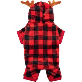 Dog Christmas Pajamas for Small Dogs, Antlers Hooded Dog Costume Christmas pjs Puppy Sweatshirt, Red Plaid Cute Warm Winter Fall Holiday Pet Clothes