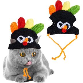 Cat Turkey Hat Pet Costume Knitted Cap Crochet Hat for Small Dog Kittens for Thanksgiving Halloween Party (Brown)