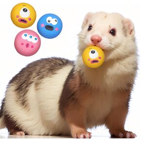 Natural Rubber Squeaker Toys for Ferret,High Elasticity Ferret Latex Squeaker Balls 3 Pack,Tough Teething Toys Big Eyes Printed Toy Ball for Small Dogs,Easy to Clean