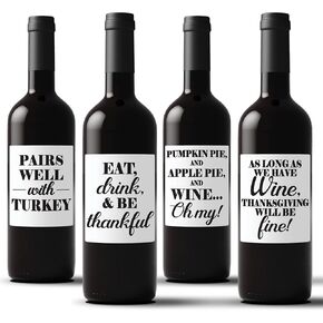 Set of 4 Thanksgiving Wine Bottle Labels, Friendsgiving, for Men or Women Host Hostess Gift