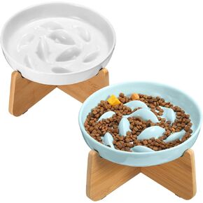 2 Sets Ceramic Slow Feeder Cat Bowl with Stand Elevated Cat Food Bowl with Fish Pool Design Puppy Food Bowl Dry and Wet Food Pet Bowls for Cats and Small Dogs Healthy Eating Diet