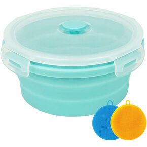 Collapsible Bowl Silicone Collapsible Container Food Storage Containers Collapsible Camping Bowl for Travel Camping Hiking with Airtight Plastic Lids and 2Pack Silicone Dish Sponges- Blue, 800ml