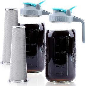 Cold Brew Coffee Maker 64 Oz Wide Mouth Mason Jar Iced Coffee Maker 2 Set Half Gallon Glass Pitcher With Strainer 2 Quart Cold Brew Pitcher With Spout Lids For Fridge, Lemonade, Cold Brew, Milk