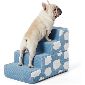 Lesure Dog Stairs for Small Dogs 18"H 4-Step Dog Steps for High Bed Couch and Sofa Chairs Foldable Foam Pet Stairs Jacquard Shaggy Plush for Cats with Supporting Board and Non-Slip Bottom, Light Blue