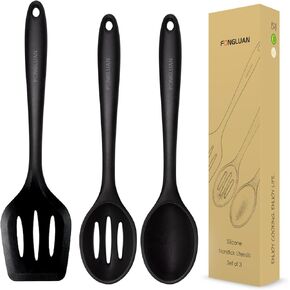 Silicone Nonstick Utensils, Set of 3, Kitchen Utensils Set, Silicone Cooking Utensils Set, Turner/Spatula and Spoons - Heat Resistant, Nonstick Cookware, Dishwasher Safe, Black