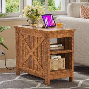 YITAHOME End Table with Charging Station, Farmhouse Narrow Side Table with Storage Shelf, Nightstand with Storage for Small Spaces, Living Room, Bedroom, Brown