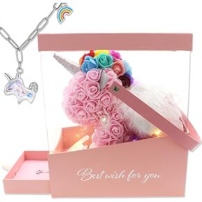 Rose Unicorn Party Favor Artificial Flowers Forever Gift Box Set for Her Girlfriend Children Kid Daughter Women Anniversary Christmas Valentines Birthday Mothers Day (Light Pink)