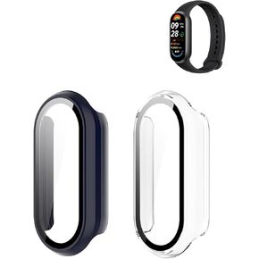 (2 Pack) Case for Xiaomi Smart Band 9 Global Version (2024) 1.62" Amoled Display, Hard PC Screen Protector,9H Tempered Glass Ultra-Thin Full-Coverage Shockproof Bumper,Transparent&Blue.