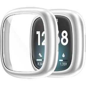 Compatible with Fitbit Sense 4/Versa 2 Screen Protector Case Soft Plated TPU All Around Scratch-Proof Screen Protector Cover Shockproof case for Fitbit Sense 2/Versa 4 (3 Silver)
