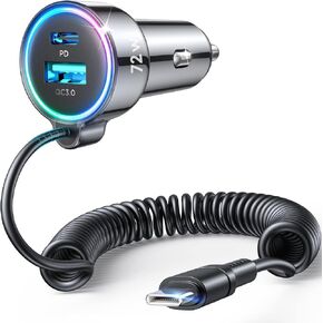 72W Car Charger USB C for iPhone 16/15, 36W Super Fast Charging Type C Coiled Cable for iPhone 16/15 Pro Max Plus/Samsung S24 Ultra/S24+/S23/S22, Car Phone Charger Adapter for Pixel/Android, iPad Pro