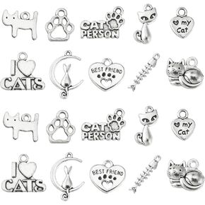 Ornazy 50 pcs 10 Styles Craft Supplies Antique Silver Animals Cat Pet Charms Tibetan Kitten Charms for DIY Necklace Bracelet Jewelry Making