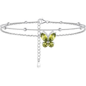 ChicSilver 925 Sterling Silver Anklets for Women Sparkling Birthstone Ankle Bracelets for Women Layered Butterfly Anklet With Beaded Anklets for Women （With Gift Box