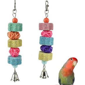 2 Pack Parakeets Parrot Chewing Toy, Bird Beak Grinding Stone Lava Calcium Blocks, Hanging Bird Cage Nail Trimmer with Bell Rattan Balls for Small Parrots Cockatiel Budgies Lovebirds Rats Chinchilla