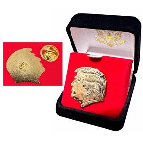 Trump Lapel Pin, 1x1" Golden, Color Plated Donald Trump Lapel Pin, Trump Profile Lapel Pin, Pin for Jacket Collar, Hat, Shirt, Bag, etc., including a Beautiful Display Case