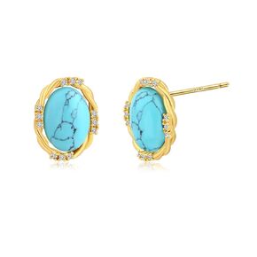 Oval Turquoise Earrings for Women-14K Gold Plated Turquoise Stud Earrings Hypoallergenic Birthstone Earrings Handmade Turquoise Jewelry for Women Trendy