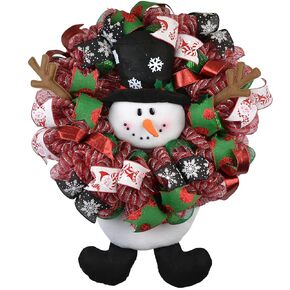 Plush Snowman Christmas Mesh Outdoor Front Door Wreath; White Red Lime Green Black