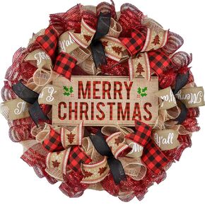 Burlap Christmas Buffalo Plaid Wreath - Farmhouse Holiday Wreath Front Door Decor - Beige Red Black
