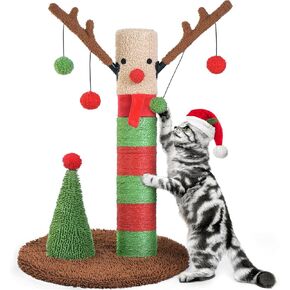BOLUO Christmas Cat Scratching Post Deer Cat Trees for Adult Cats Scratcher Cute Toy Kitten Kitty Sisal Scratch with Teaser Ball Indoor 25 inch