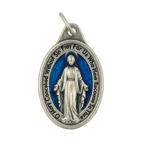 Wonderful Silver-tone and Blue Miraculous Medal with Card | Handcrafted by Italian Craftsman | Attach this beautiful pendant to a chain | Beautiful Christian Charm
